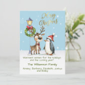 Waterverf grillige rendier pinguïn kerst feestdagenkaart (Staand voorkant)