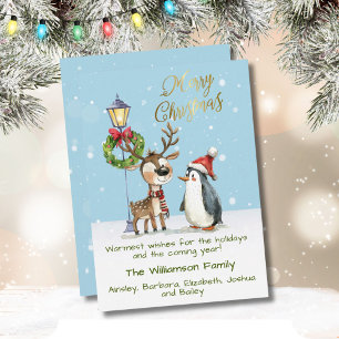Waterverf grillige rendier pinguïn kerst feestdagenkaart