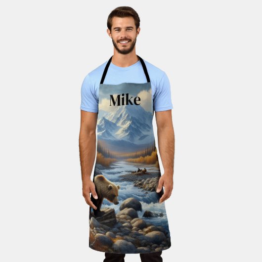 Waterverf Grizzly Beer door Stream Mannen Natuur Schort (Gedragen)