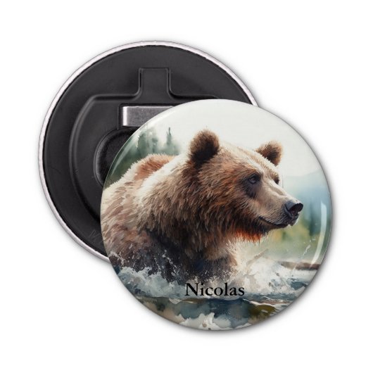 Waterverf Grizzly Beer Wildlife Natuur Art Button Flesopener (Voorkant)
