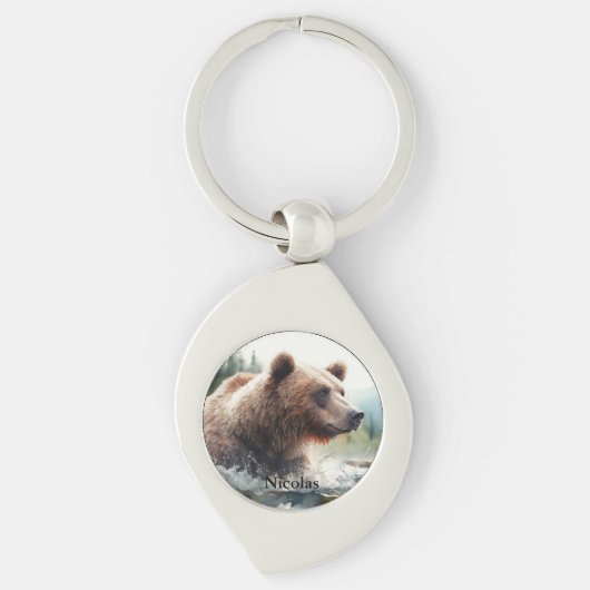Waterverf Grizzly Beer Wildlife Natuur Art Sleutelhanger (Voorkant)