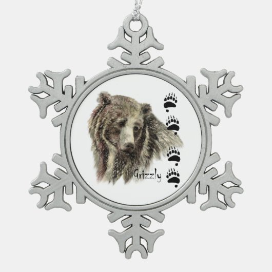 Waterverf Grizzly Beer Wildlife Natuur Art Tin Sneeuwvlok Ornament (Voorkant)