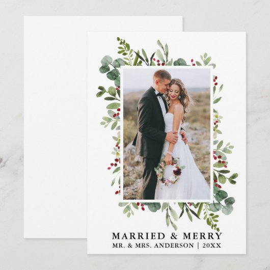 Waterverf groen bessen getrouwd & vrolijk feestdagenkaart (Voorkant / Achterkant)