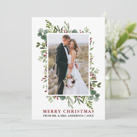 Waterverf groen bessen kerst Pas getrouwd Feestdagenkaart (Staand voorkant)