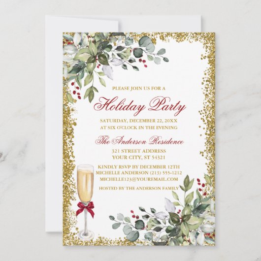 Waterverf groen bessen rood feestje kaart (Voorkant)