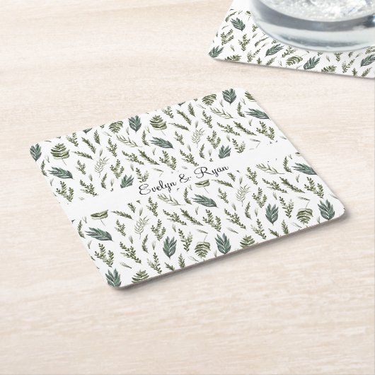Waterverf groen blad bloemenpatroon kartonnen onderzetters (Schuin)