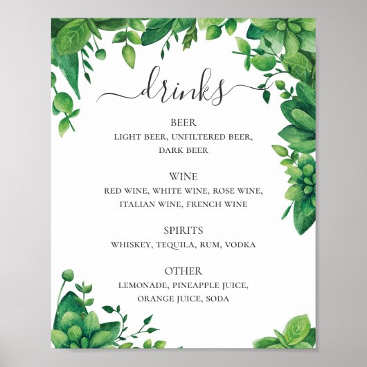 Waterverf groen blad bruiloft drankjes menu poster (Voorkant)