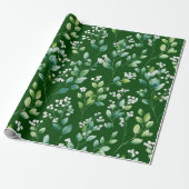 Waterverf groen blad wit bloempatroon cadeaupapier (Uitgerold)