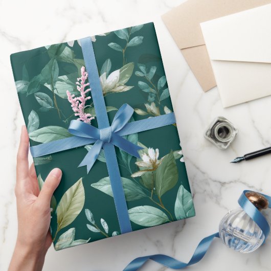 Waterverf groen blad wit bloempatroon cadeaupapier (Geschenken)