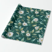 Waterverf groen blad wit bloempatroon cadeaupapier (Uitgerold)