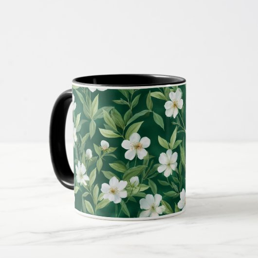 Waterverf groen blad wit bloempatroon mok (Voorkant links)