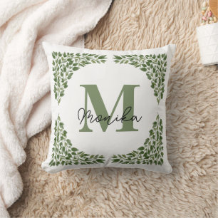 Waterverf Groen Bladeren Bundel Letter M Monogram Kussen