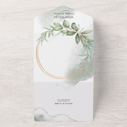 Waterverf groen bladeren Lijst bruiloft All In One Uitnodiging (Buitenkant)