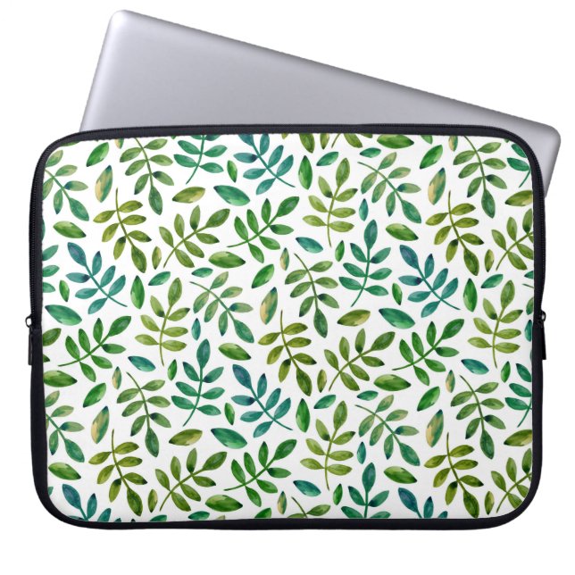 Waterverf groen bladeren patroon. Greenery floral Laptop Sleeve (Voorkant)