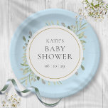 Waterverf groen blauw baby boy shower papieren bordje<br><div class="desc">Met delicate waterverf bladeren,  kunnen deze moderne blauwe baby boy douche,  sprinkle of paren douchepapier borden worden gepersonaliseerd met uw speciale evenementgegevens. Ontworpen door Thisnotme©</div>