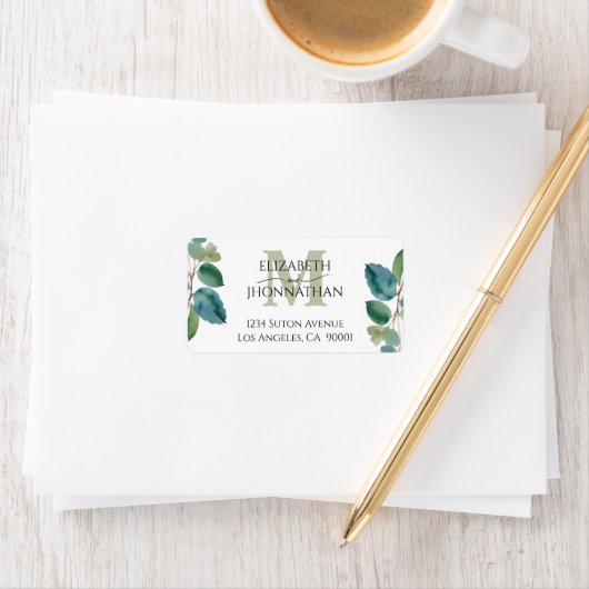 Waterverf Groen blauw eucalyptus Monogram Bruiloft Etiket (Insitu)
