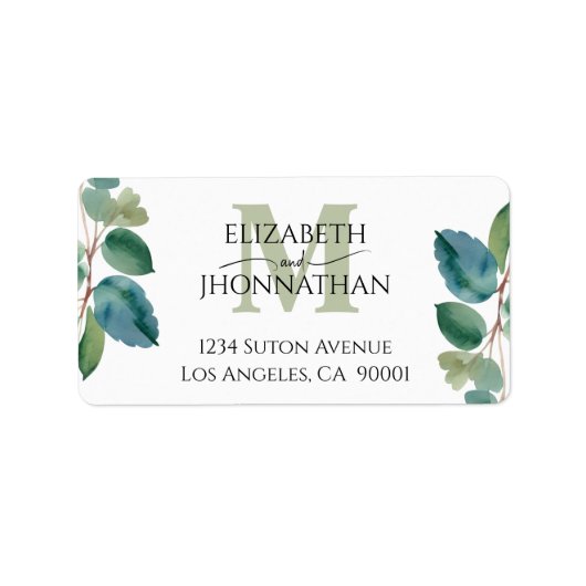 Waterverf Groen blauw eucalyptus Monogram Bruiloft Etiket (Voorkant)