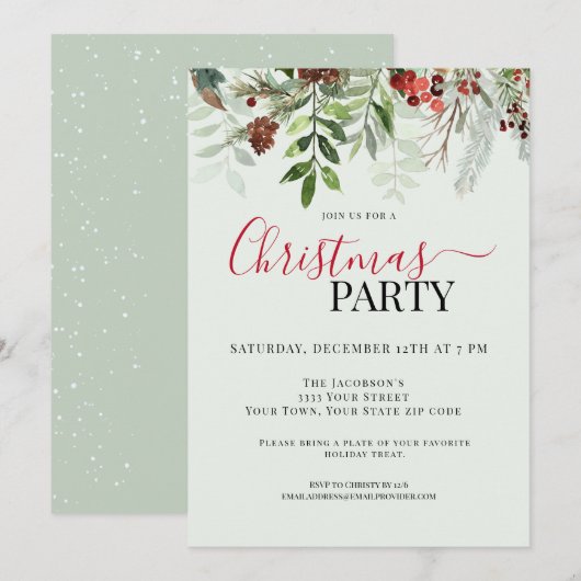 Waterverf Groen Bloemen Kerstvakantie feestje Kaart (Voorkant / Achterkant)