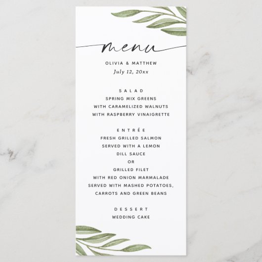 Waterverf groen bloemenblad script bruiloft menu (Voorkant)