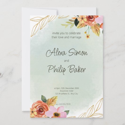 Waterverf groen Bloemenbruiloft Kaart (Voorkant)