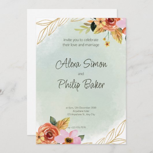 Waterverf groen Bloemenbruiloft Kaart (Voorkant / Achterkant)