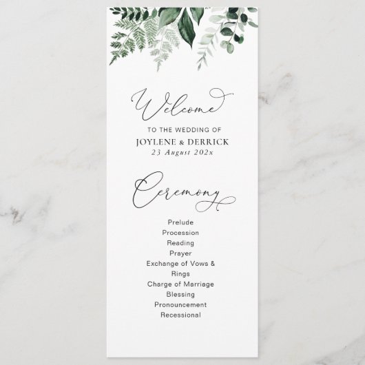 waterverf groen bloemenbruiloft programma programmakaart (Voorkant)