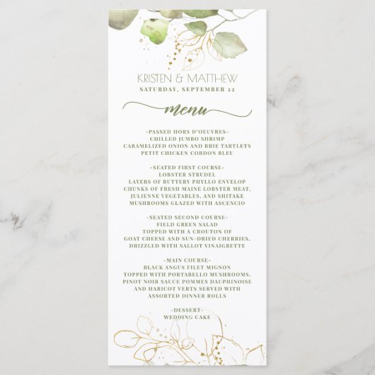 Waterverf groen bloemengoud elegante bruiloft menu (Voorkant)