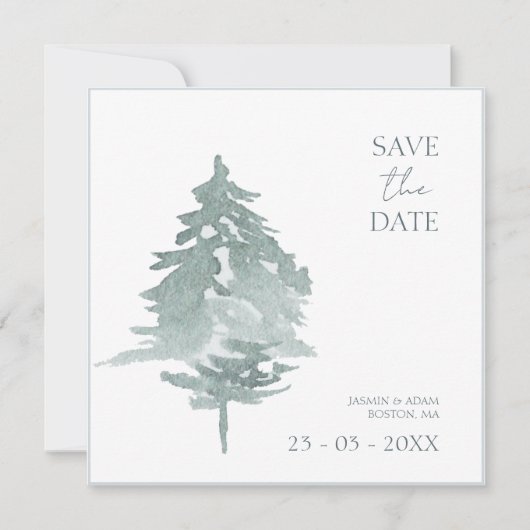 Waterverf groen bos pijnbomen bruiloft save the date (Voorkant)