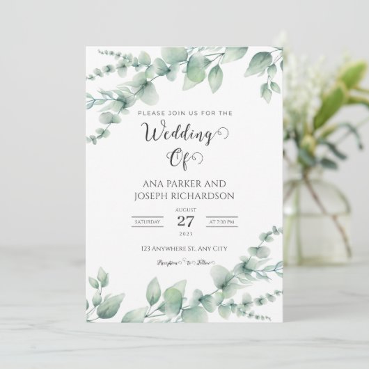 Waterverf Groen Botanisch Bladgroen Elegant Bruilo Kaart (Staand voorkant)