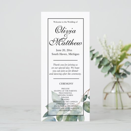 Waterverf groen botanisch bruiloft programma (Staand voorkant)