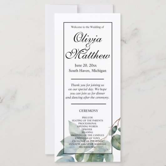 Waterverf groen botanisch bruiloft programma (Voorkant)