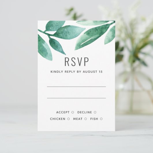 Waterverf groen botanisch gebladerte bruiloft RSVP kaartje (Staand voorkant)