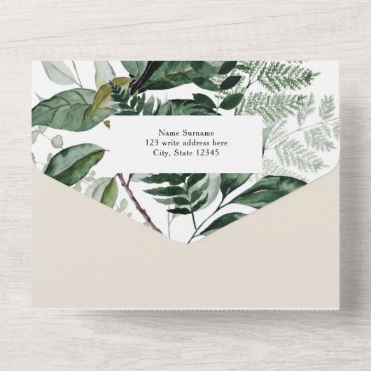 Waterverf groen botanische boho booched bruiloft all in one uitnodiging (Achterkant)