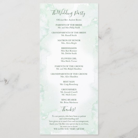 Waterverf groen bruiloft ceremonie programma programmakaart (Achterkant)