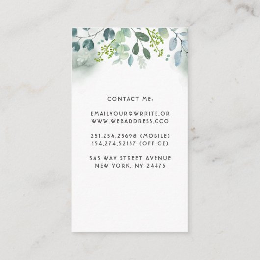 Waterverf groen bruiloft elegant en creatief visitekaartje (Achterkant)