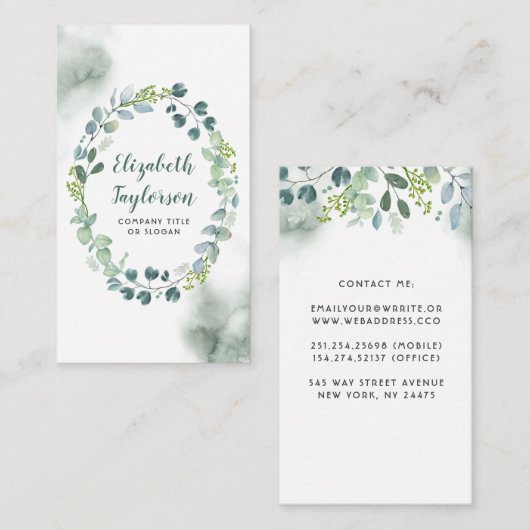 Waterverf groen bruiloft elegant en creatief visitekaartje (Voorkant / Achterkant)
