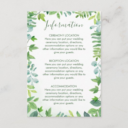 Waterverf groen bruiloft informatie Kaarten (Voorkant)