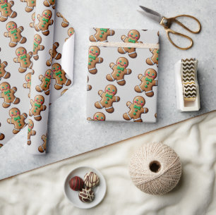 Waterverf Groen & Bruin Gingerbread Man Pattern Cadeaupapier