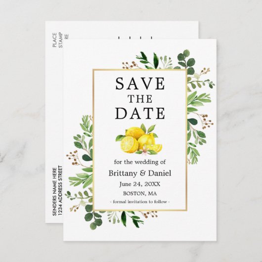 Waterverf groen citroenen opslaan de datum briefkaart (Voorkant / Achterkant)