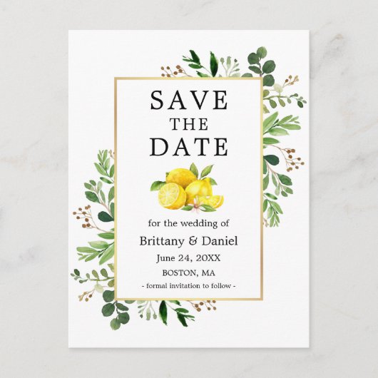 Waterverf groen citroenen opslaan de datum briefkaart (Voorkant)