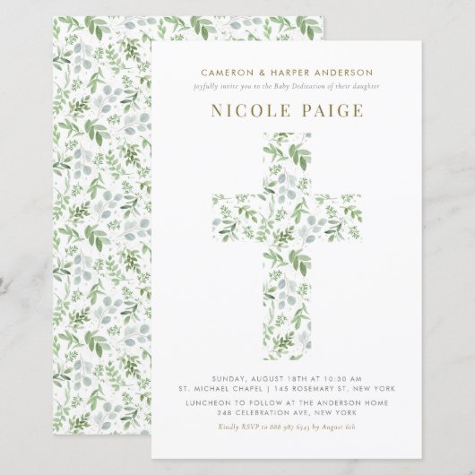 Waterverf Groen Cross Baby Toewijding Uitnodigen (Voorkant / Achterkant)