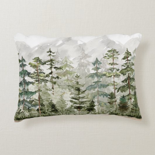 Waterverf groen dennenbos op berg accent kussen (Voorkant)