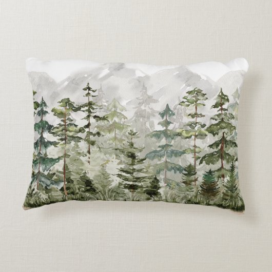 Waterverf groen dennenbos op berg accent kussen (Achterkant)