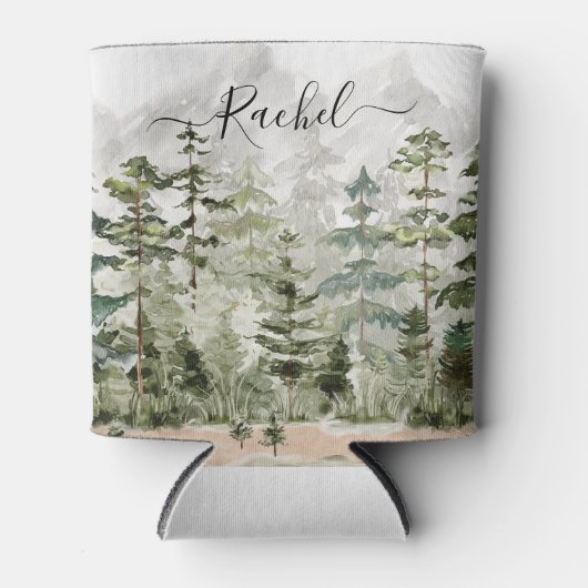 Waterverf groen dennenbos op berg blikjeskoeler (Voorkant)