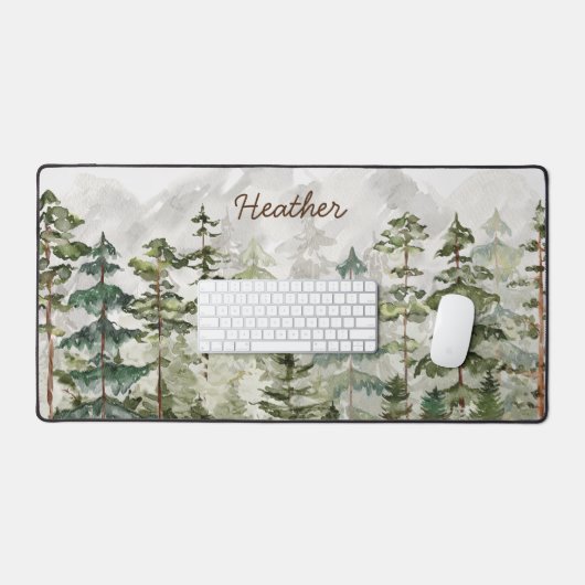 Waterverf groen dennenbos op berg bureaumat (Keyboard & Muis)
