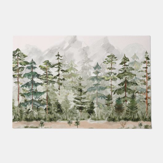 Waterverf groen dennenbos op berg deurmat (Voorkant)