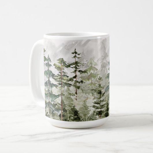 Waterverf groen dennenbos op berg koffiemok (Voorkant links)