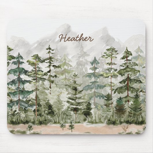 Waterverf groen dennenbos op berg muismat (Voorkant)