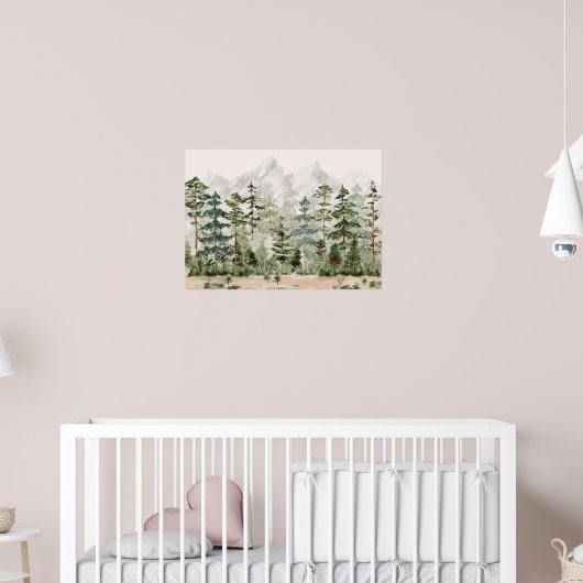 Waterverf groen dennenbos op berg poster (Kinderkamer 2)