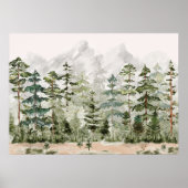 Waterverf groen dennenbos op berg poster (Voorkant)
